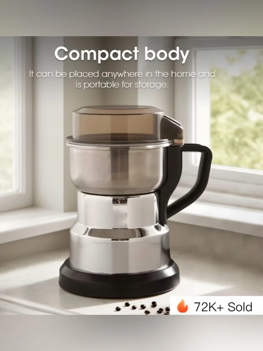 Portable Silver Electric Coffee Grinder with Black Handle